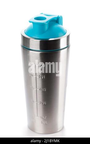 Metal protein shaker on a white backdrop Stock Photo
