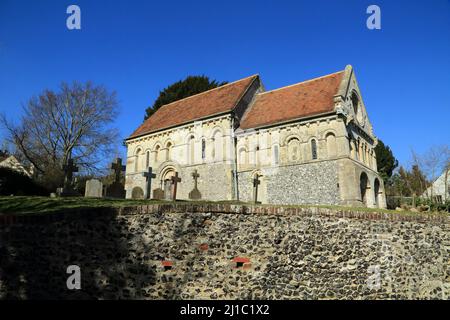 View of the Norman church of St Nicholas at Barfrestone near Dover in Kent, England, United Kingdom Stock Photo