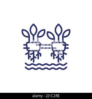 Hydroponics line icon with plants Stock Vector