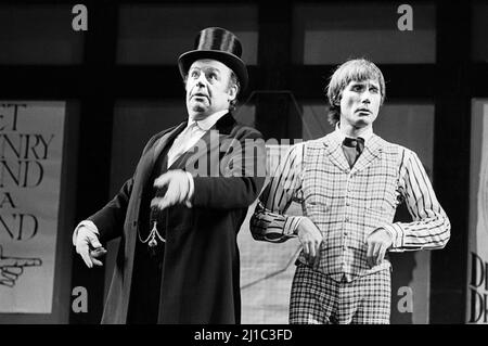 l-r: John Savident (Mr Duncalf), Jim Dale (Denry Machin) in THE CARD at the Queen’s Theatre, London W1  24/07/1973  music & lyrics: Tony Hatch & Jackie Trent  book: Keith Waterhouse & Willis Hall  after the novel by Arnold Bennett  design: Malcolm Pride  musical staging & choreography: Gillian Lynne  director: Val May Stock Photo