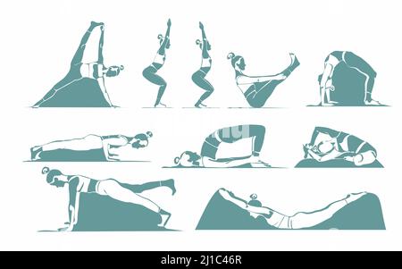 Set of slim athletic young woman doing yoga and fitness. Healthy lifestyle. Collection of female siluets demonstrating different yoga positions Stock Photo