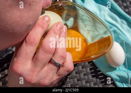 Blow out eggs at Easter time in spring Stock Photo