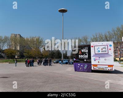 Naples - Italy - March 24, 2022: Social initiative of the State Police 'a life as a social' for teaching the use of social media and against cyberbull Stock Photo