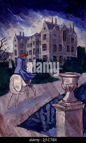 Book art cover illustration man on horse approaching a moody 1800s Gothic mansion, Fall of the House of Usher, Northanger Abbey, The Turn of the Screw Stock Photo