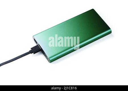 Green Power Supply Isolated on White Background with Safe Green Energy for Smartphones Stock Photo