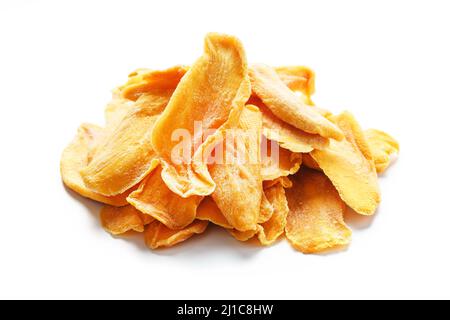 Organic dried mango fruit slices isolated on white background Stock Photo