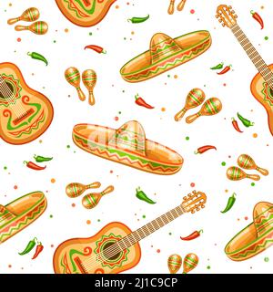 Vector Cinco de Mayo seamless pattern, square repeating background with set of cut out illustrations traditional mexican musical instruments, chili an Stock Vector