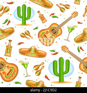 Vector Cinco de Mayo seamless pattern, square repeating background with set of cut out illustrations traditional mexican musical instruments, chili an Stock Vector