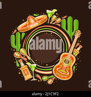 Vector frame for Cinco de Mayo with copyspace for text, decorative circle price tag with illustration of mexican musical instruments, red and green ho Stock Vector