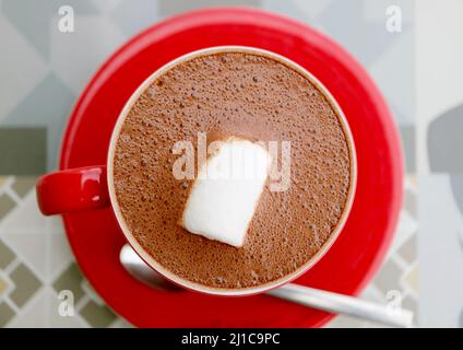 Top View of a Cup of Mouthwatering Hot Chocolate with Marshmallow Stock Photo