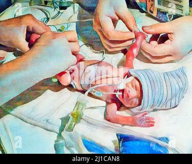 A premature baby is seen being treated by the hands of nurses in a neonatal intensive care unit in a digital watercolor painting Stock Photo