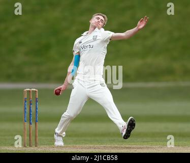DURHAM CITY, UK. MAR 23RD Oliver Gibson of Durham bowls during the MCC University match between Durham UCCE and Durham County Cricket Club at The Racecourse, Durham City on Thursday 24th March 2022. (Credit: Will Matthews | MI News) Credit: MI News & Sport /Alamy Live News Stock Photo