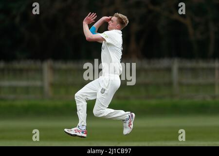 DURHAM CITY, UK. MAR 23RD Oliver Gibson of Durham bowls during the MCC University match between Durham UCCE and Durham County Cricket Club at The Racecourse, Durham City on Thursday 24th March 2022. (Credit: Will Matthews | MI News) Credit: MI News & Sport /Alamy Live News Stock Photo