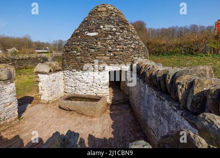 Circular Pigsty from Hendre Ifan Prosser, Pontypridd built in around 1800 and re-erected at Saint Fagans National History Museum, Cardiff in 1977. Stock Photo