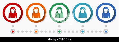 Customer service, support concept vector icon set, flat design colorful buttons, infographic template in 5 color options Stock Vector