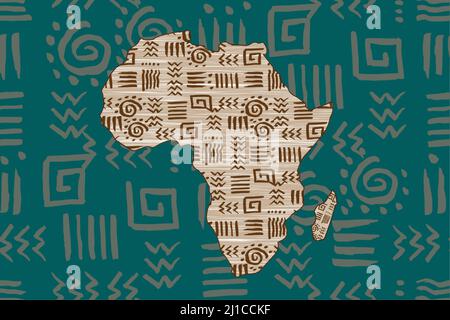 Africa patterned map and frame ethnic motifs. Seamless Banner with tribal traditional grunge African pattern, elements, concept design. Vector Ethnic Stock Vector