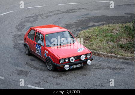 A closeup of a Volkswagen Golf GTI MKI in 9 Lloret de Mar asphalt rally Stock Photo