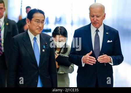 Brussels, Belgium. 24th Mar, 2022. U.S President Joe Biden, walks with Japanese Prime Minister Fumio Kishida, left, during the emergency meeting of the G7 nations at NATO headquarters, March 24, 2022 in Brussels, Belgium. Biden is hoping allied nations will continue to ramp up pressure on Russia as Ukraine marks a month since the invasion. Credit: Adam Schultz/White House Photo/Alamy Live News Stock Photo