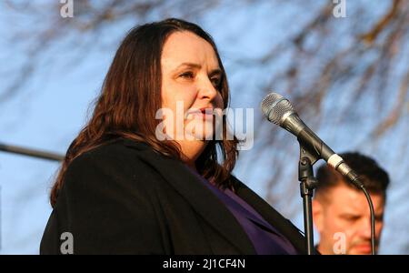 Larysa Gerasko, Ambassador of Ukraine to Ireland, speaks outside the Russian Embassy in south Dublin where large crowds have gathered to mark one month since the invasion of Ukraine. The embassy has become the focal point for Irish anger over the war raged by Vladimir Putin and the latest demonstration was organised by the Irish Congress of Trade Unions (ICTU). Picture date: Thursday March 24, 2022. Stock Photo