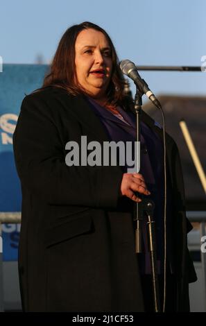 Larysa Gerasko, Ambassador of Ukraine to Ireland, speaks outside the Russian Embassy in south Dublin where large crowds have gathered to mark one month since the invasion of Ukraine. The embassy has become the focal point for Irish anger over the war raged by Vladimir Putin and the latest demonstration was organised by the Irish Congress of Trade Unions (ICTU). Picture date: Thursday March 24, 2022. Stock Photo