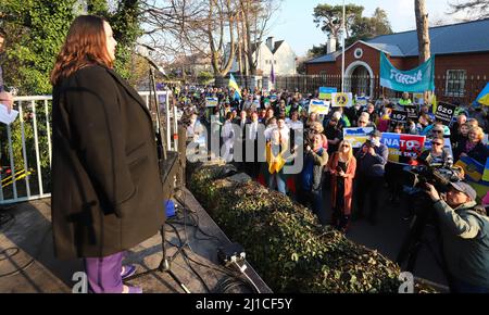 Larysa Gerasko, Ambassador of Ukraine to Ireland, speaks outside the Russian Embassy in south Dublin where large crowds have gathered to mark one month since the invasion of Ukraine. The embassy has become the focal point for Irish anger over the war raged by Vladimir Putin and the latest demonstration was organised by the Irish Congress of Trade Unions (ICTU). Picture date: Thursday March 24, 2022. Stock Photo