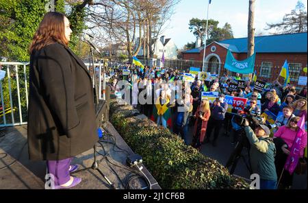 Larysa Gerasko, Ambassador of Ukraine to Ireland, speaks outside the Russian Embassy in south Dublin where large crowds have gathered to mark one month since the invasion of Ukraine. The embassy has become the focal point for Irish anger over the war raged by Vladimir Putin and the latest demonstration was organised by the Irish Congress of Trade Unions (ICTU). Picture date: Thursday March 24, 2022. Stock Photo