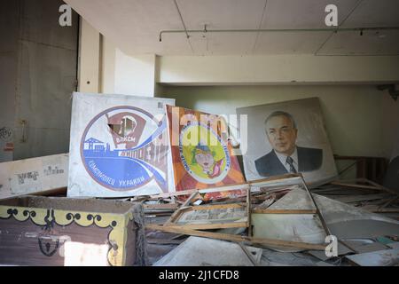 Banners in Palace of Culture, Pripyat Town, Chernobyl Exclusion Zone, Chernobyl, Ukraine Stock Photo
