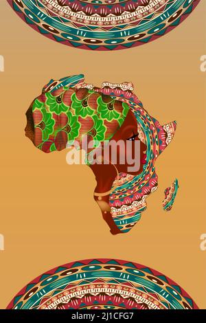 Banner of African woman, face profile silhouette with turban in the shape of a map of Africa. Colorful Afro print tribal logo design template. Vector Stock Vector