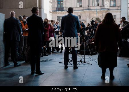Berlin, Germany. 24th Mar, 2022. Leaders of the traffic light parties in front of the Reichstag in Berlin spoke about a planned relief package in response to the energy prices in Germany. (Photo by Ralph Pache/PRESSCOV/Sipa USA) Credit: Sipa USA/Alamy Live News Stock Photo