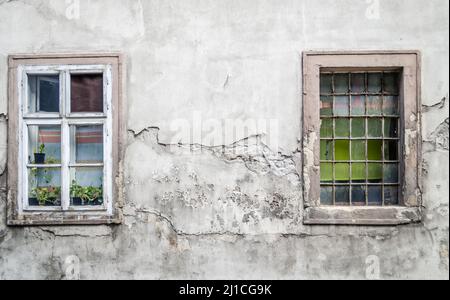 The old dilapidated wooden window frame. Stock Photo