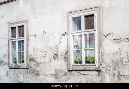 The old dilapidated wooden window frame. Stock Photo
