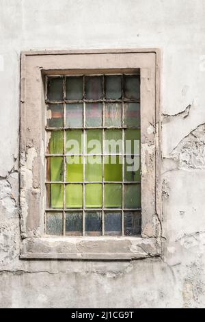 The old dilapidated wooden window frame. Stock Photo