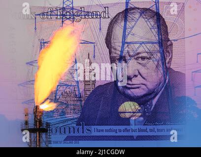Electricity pylons and refinery gas flare stack overlayed on five pound note/Winston Churchill. Cost of living crisis, rising gas electricity prices Stock Photo