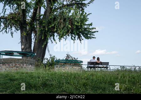 Petrovaradin, Serbia - July 17. 2019: Visitors to the medieval Petrovaradin fortress. Editorial image. Stock Photo