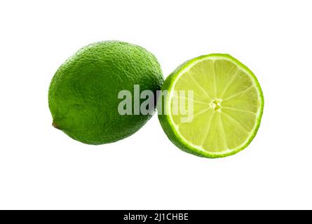 Lime fruit  isolated on white background. Fresh Juicy Lemon whole, half, slice. Stock Photo