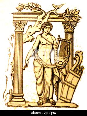 An early image of  the Greek and roman deity, Apollo (Etruscan, Apulu) with his Lyre (copied from a bas-relief in Rome). The national divinity of the Greeks, Apollo has been recognized as a god of archery, music and dance, truth and prophecy, healing and diseases, the Sun and light, poetry, and more. One of the most important and complex of the Greek gods, he is the son of Zeus and Leto, and the twin brother of Artemis, goddess of the hunt and lives on Mount Olympus Stock Photo