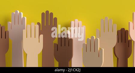 Diverse Raised hands Unity concept: 3D render colored skin, arms up. Volunteering charity, party, votes flyer, donation, banner team, help, friends. Stock Photo