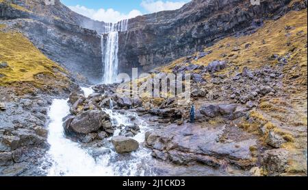 Fossá Waterfall is the tallest waterfall in the Faroe Islands. The waterfall drops in two levels and is  located on Streymoy island. Stock Photo