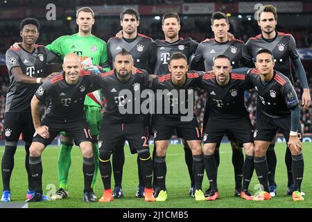 LONDON, ENGLAND - MARCH 7, 2017: Bayern's starting players posing for the official team photo prior to the second leg of the UEFA Champions League Round of 16 game between Arsenal FC and Bayern Munchen at Emirates Stadium. Copyright: Cosmin Iftode/Picstaff Stock Photo