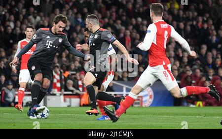 LONDON, ENGLAND - MARCH 7, 2017: Mats Hummels (L) of Bayern pictured in action during the second leg of the UEFA Champions League Round of 16 game between Arsenal FC and Bayern Munchen at Emirates Stadium. Copyright: Cosmin Iftode/Picstaff Stock Photo