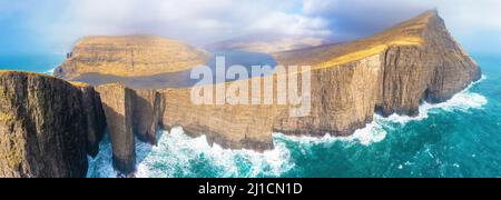 A helicopter view of 'Sørvágsvatn' which is the largest lake in the Faroe Islands. Stock Photo