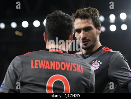 LONDON, ENGLAND - MARCH 7, 2017: Mats Hummels congratulates Robert Lewandowski of Bayern after he scored a goal during the second leg of the UEFA Champions League Round of 16 game between Arsenal FC and Bayern Munchen at Emirates Stadium. Copyright: Cosmin Iftode/Picstaff Stock Photo