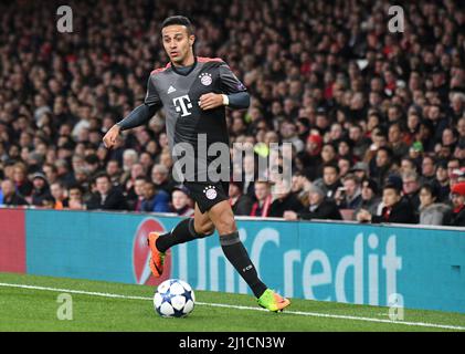 LONDON, ENGLAND - MARCH 7, 2017: Thiago Alcantara of Bayern pictured in action during the second leg of the UEFA Champions League Round of 16 game between Arsenal FC and Bayern Munchen at Emirates Stadium. Copyright: Cosmin Iftode/Picstaff Stock Photo