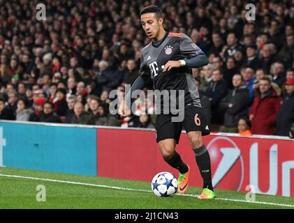 LONDON, ENGLAND - MARCH 7, 2017: Thiago Alcantara of Bayern pictured in action during the second leg of the UEFA Champions League Round of 16 game between Arsenal FC and Bayern Munchen at Emirates Stadium. Copyright: Cosmin Iftode/Picstaff Stock Photo