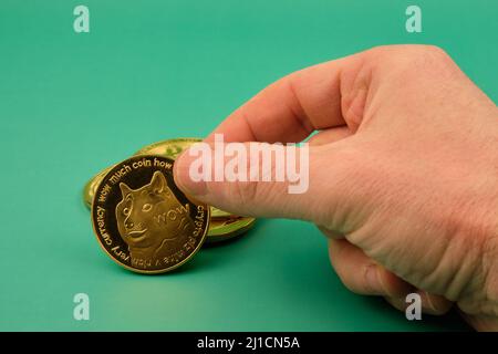 A man's hand holding a dogecoin with a green background. Photograph in horizontal format. Stock Photo