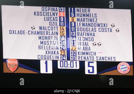 LONDON, ENGLAND - MARCH 7, 2017: The scoreboard shows the final score of the second leg of the UEFA Champions League Round of 16 game between Arsenal FC and Bayern Munchen at Emirates Stadium. Copyright: Cosmin Iftode/Picstaff Stock Photo