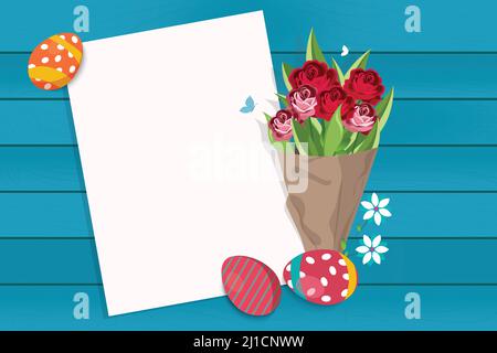 Happy Easter Holiday celebration Painted Egg and Flower bouquet and white frame on a wooden background. Stock Vector