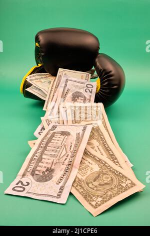 boxing gloves with a lot of dollars on a green background Stock Photo