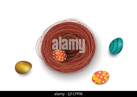 Illustration of Easter poster and banner template with Easter eggs in the nest on white background. Easter Celebration Design for Greeting Card, Party Stock Vector