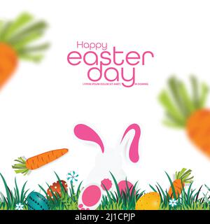 Vector Illustration of Easter poster or banner template with rabbits and beautifully painted eggs with carrots on a white background. Stock Vector